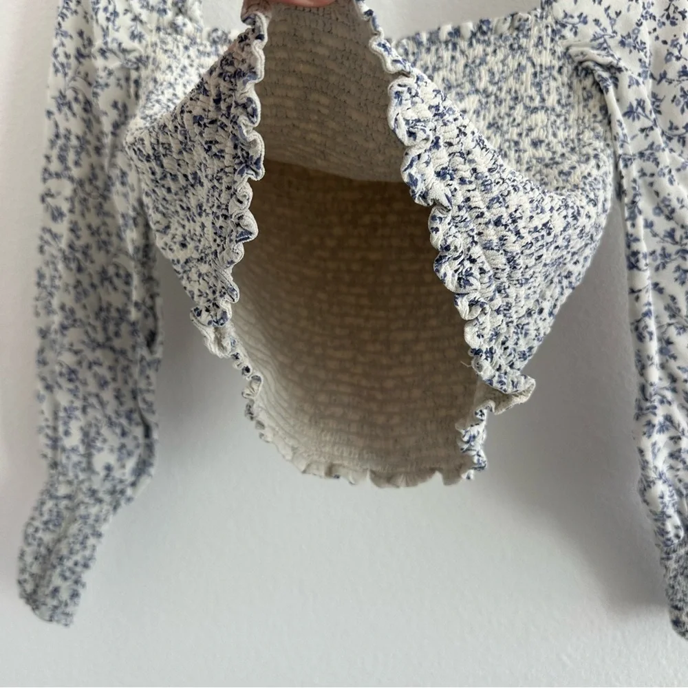 Reformation White and Blue Floral Smocked Square-Neck Blouse